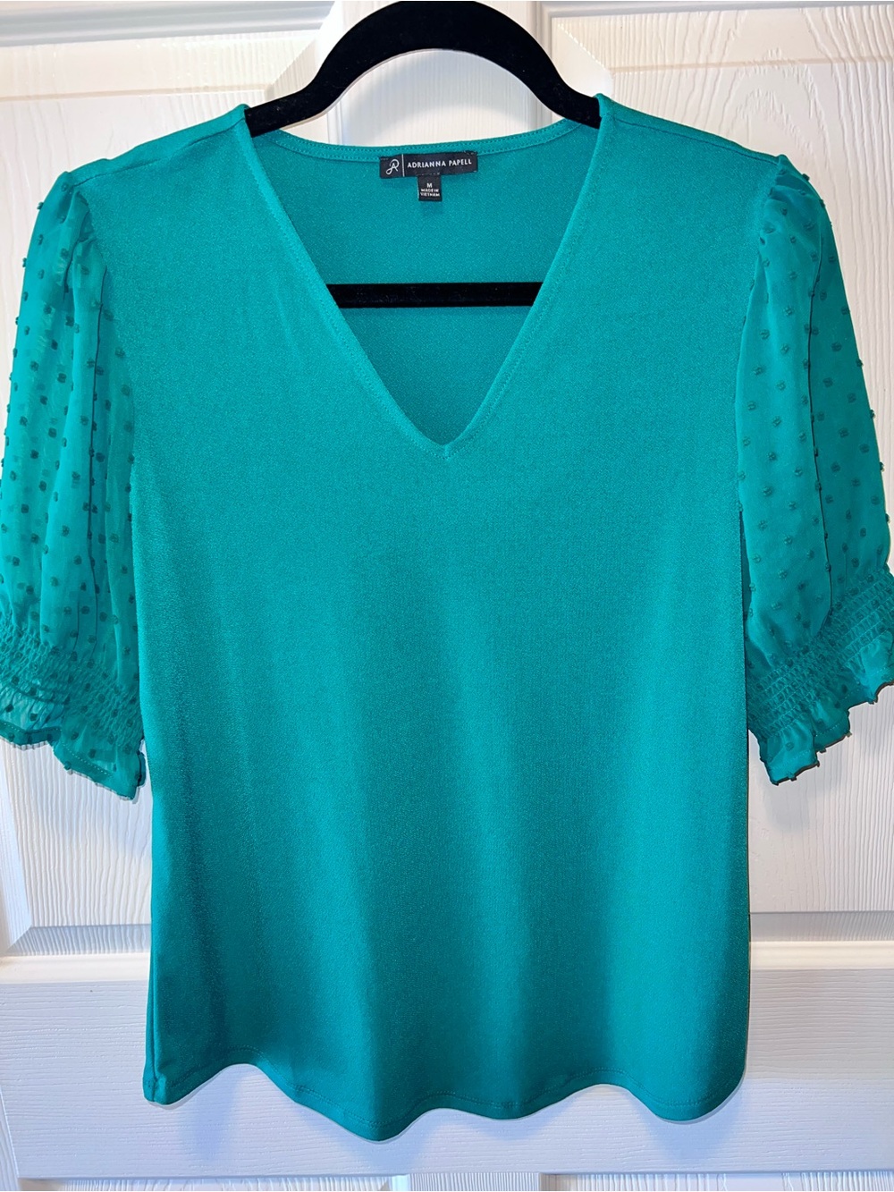 Adrianna Papell Emerald Green V-Neck Puff Sleeve Blouse Sz M